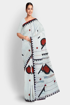 PRIDE SALES Hand Painted Handloom Cotton Blend Saree(Grey)