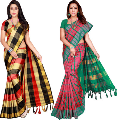 PRIYANSH CREATION Checkered Bollywood Cotton Silk Saree(Pack of 2, Multicolor)