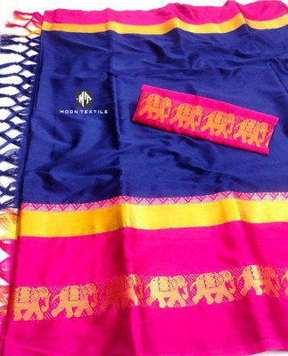 MoonTextile Temple Border Assam Silk Cotton Silk Saree(Pink)