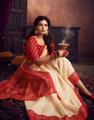 Samah Printed, Embellished Baluchari Cotton Silk Saree(Cream, Red)