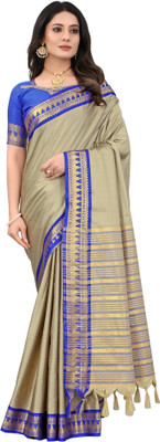 Paramparik Textile Temple Border, Solid/Plain Banarasi Cotton Silk Saree(Beige)