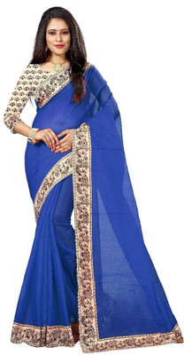 ROOP SUNDARI SAREES Dyed, Solid/Plain Chanderi Cotton Blend Saree(Blue)