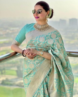 1ST STITCH FAB Woven, Embellished, Floral Print, Solid/Plain Kanjivaram Pure Silk, Art Silk Saree(Light Green)