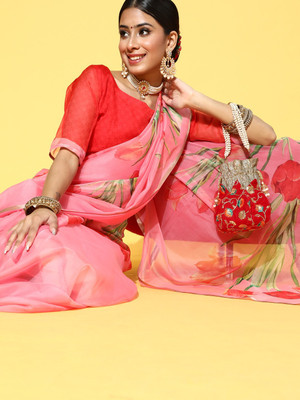 Divastri Printed Bollywood Organza Saree(Orange)