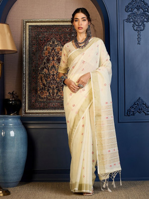 Vichitra Woven, Self Design Handloom Pure Cotton, Jacquard Saree(White)