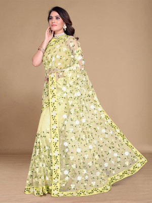 VRLOOKMEFASHION Embroidered Bollywood Net Saree(Yellow)