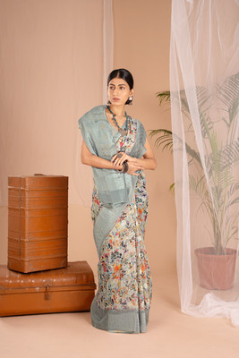 WISHLIST Digital Print Bollywood Cotton Blend Saree(Silver)