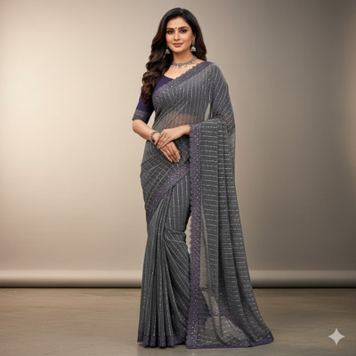 Vragi Embellished Bollywood Lycra Saree(Dark Blue)