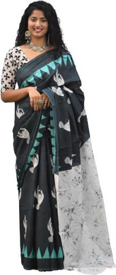 Clothonus Printed, Self Design, Hand Painted, Blocked Printed, Graphic Print Ikkat Pure Cotton Saree(Green)