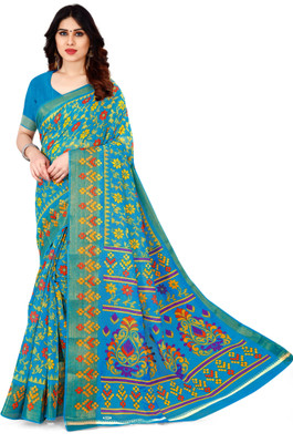 HouseOfCommon Floral Print Bollywood Cotton Linen Saree(Light Blue)
