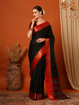 HouseOfCommon Woven, Embellished Mysore Cotton Silk, Jacquard Saree(Black, Red, Gold)