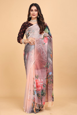 Mugdarra Floral Print Bollywood Georgette Saree(Pink)