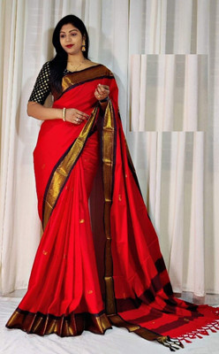 Sawera trends Solid/Plain, Woven, Temple Border Kanjivaram Cotton Silk Saree(Red)