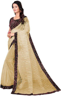 DDRS Fashion Embroidered Bollywood Net Saree(Gold)