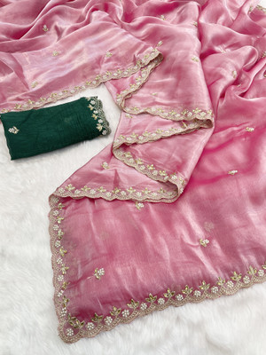 KanjiQueen Self Design, Embellished, Embroidered Saree with Attached Blouse Chiffon, Jimmy choo Saree(Pink, Dark Green)