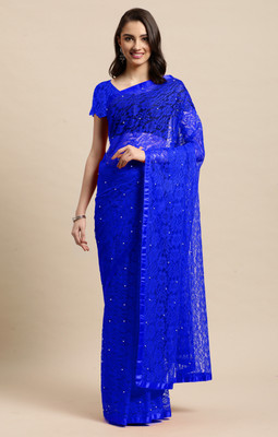 LOROFY Embellished Bollywood Net, Jacquard Saree(Blue)