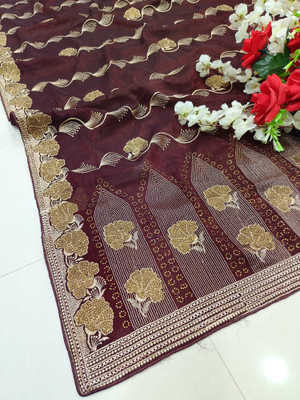 AnjaniTextiles Embroidered, Embellished Bollywood Georgette Saree(Brown, Gold)