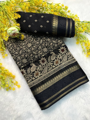 MT fab Woven, Floral Print, Paisley, Temple Border Kalamkari Cotton Silk Saree(Black)