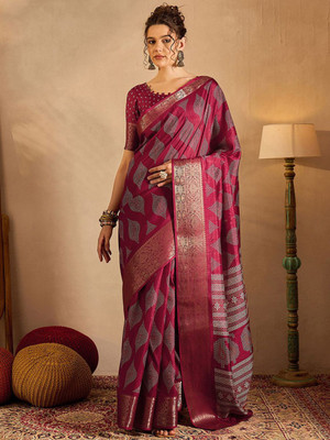 Anouk Rustic Printed Chinnalapattu Silk Blend Saree(Magenta)