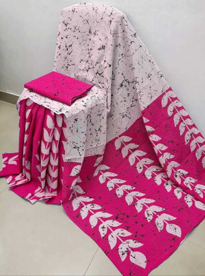 SUNDREESAREE Blocked Printed, Color Block, Floral Print, Printed Ikkat Pure Cotton Saree(White, Pink)