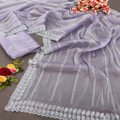 Peachmode Embroidered Bollywood Chiffon Saree(Light Blue)