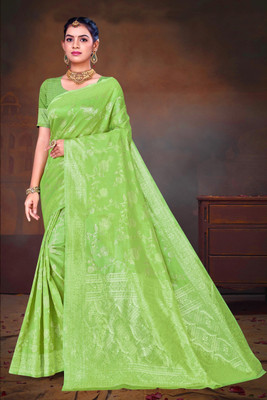 sarees Woven, Geometric Print Banarasi Cotton Silk Saree(Green)