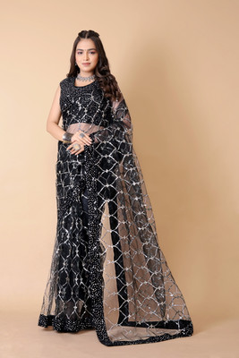 Raquel Embroidered Bollywood Net Saree(Black)