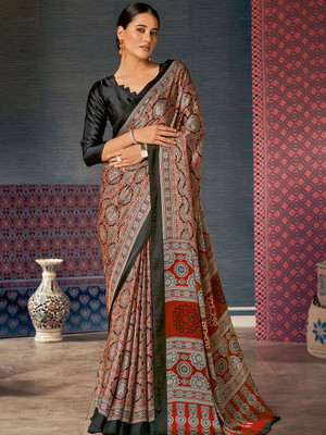 Anouk Rustic Printed Hand Batik Crepe Saree(Brown)
