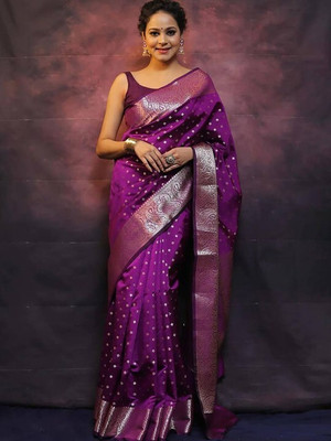 YASHIKA Printed Kanjivaram Cotton Silk, Jacquard Saree(Purple)