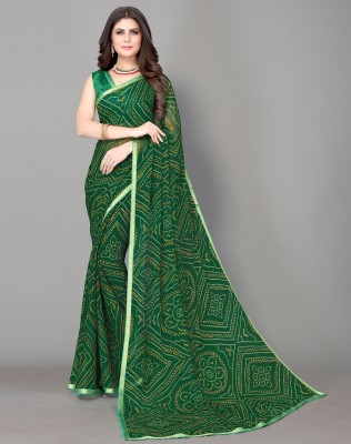 SIRIL Printed Bandhani Chiffon Saree(Dark Green, Gold)