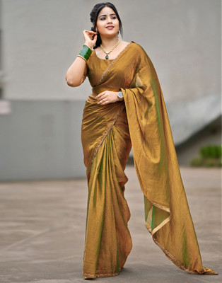 Satrani Solid/Plain, Embellished Bollywood Chiffon Saree(Gold)