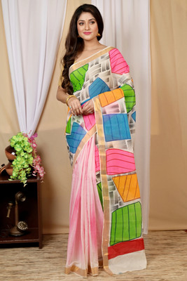 DipDiya Hand Painted, Self Design, Woven Handloom Cotton Blend Saree(Multicolor)