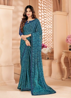 The Fashion Attire Printed Bollywood Chiffon Saree(Blue)