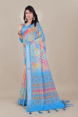 Laxmi Fashion Printed, Floral Print Assam Silk Jacquard, Cotton Silk Saree(Light Blue, Multicolor)