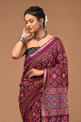 LOVWEAR Printed Ikkat Pure Cotton Saree(Purple)