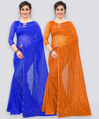 LOROFY Self Design Bollywood Net Saree(Pack of 2, Blue, Orange)