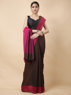 DipDiya Color Block Handloom Pure Cotton Saree(Maroon)
