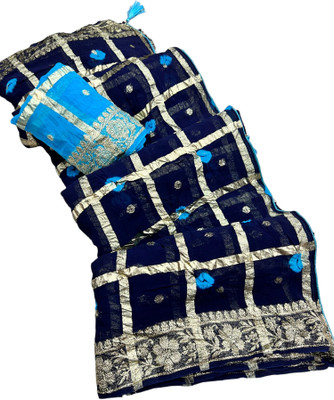 HouseOfCommon Color Block Berhampuri Cotton Linen, Viscose Rayon Saree(Dark Blue)