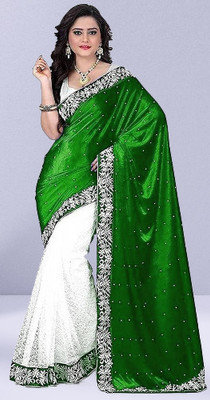 GUNHILD Self Design, Solid/Plain Banarasi Velvet, Brasso Saree(Green, White)
