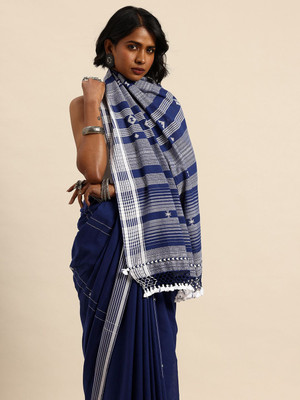 Taavi Self Design Handloom Pure Cotton Saree(Blue)