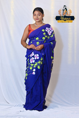 Ahana Textile Hand Painted Handloom Cotton Blend Saree(Blue)