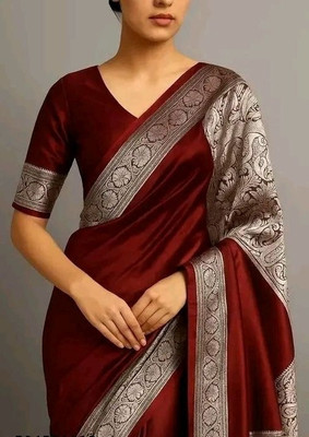 sarees Embellished, Solid/Plain, Woven, Color Block Banarasi Satin Saree(Maroon, Silver)