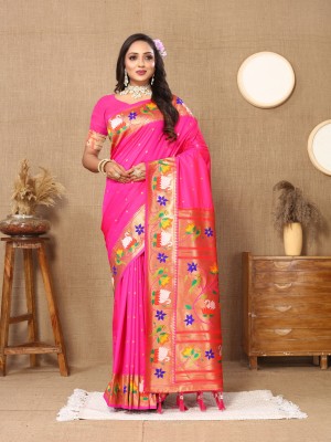 Maruti Art Woven Paithani Silk Blend Saree(Pink)