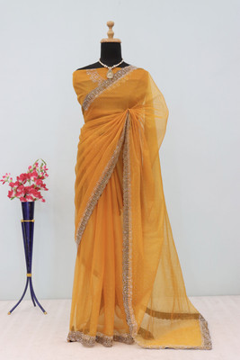 HouseOfCommon Embellished Bollywood Supernet Saree(Gold)