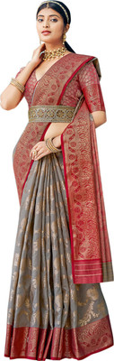 Metal Grey Cotton Saree Printed Handloom Cotton Blend Saree(Grey)