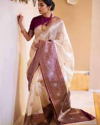 sheladiya Printed Banarasi Cotton Silk Saree(Cream)