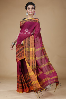 GOLU Woven Handloom Cotton Blend Saree(Purple, Yellow)