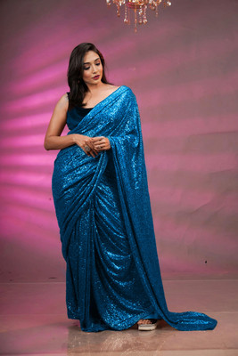 AnjaniTextiles Embroidered, Embellished Bollywood Georgette Saree(Light Blue)