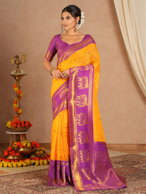 Tasrika Woven Maheshwari Cotton Blend Saree(Yellow, Purple)