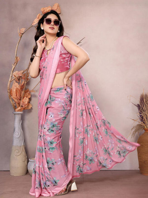 ANOUK Printed Saree with Attached Blouse Chiffon Saree(Pink)